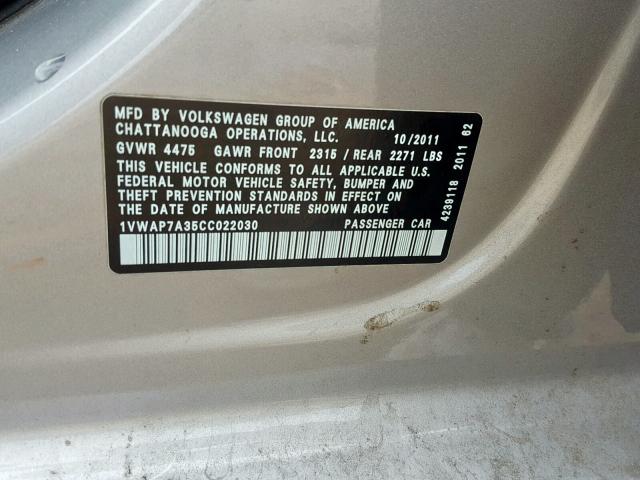 1VWAP7A35CC022030 - 2012 VOLKSWAGEN PASSAT S SILVER photo 10