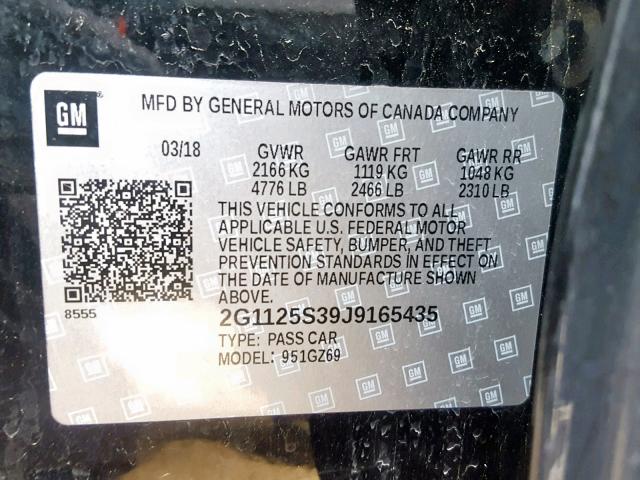 2G1125S39J9165435 - 2018 CHEVROLET IMPALA PRE BLACK photo 10