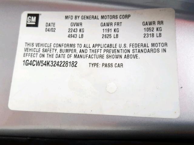 1G4CW54K324228182 - 2002 BUICK PARK AVENU BEIGE photo 10