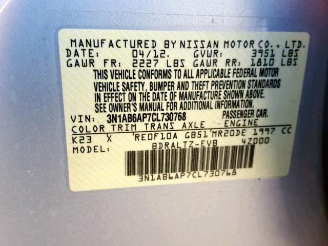 3N1AB6AP7CL730768 - 2012 NISSAN SENTRA 2.0 SILVER photo 10