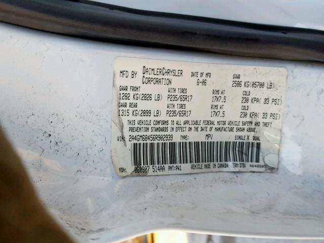 2A4GM68456R902939 - 2006 CHRYSLER PACIFICA T WHITE photo 10
