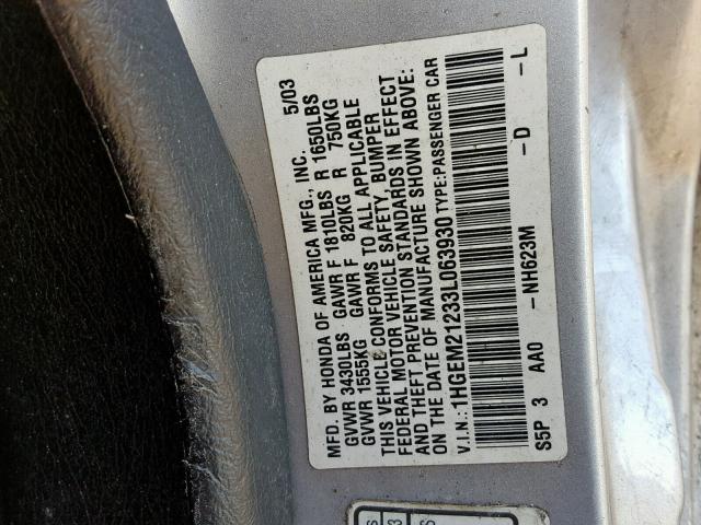 1HGEM21233L063930 - 2003 HONDA CIVIC DX SILVER photo 10