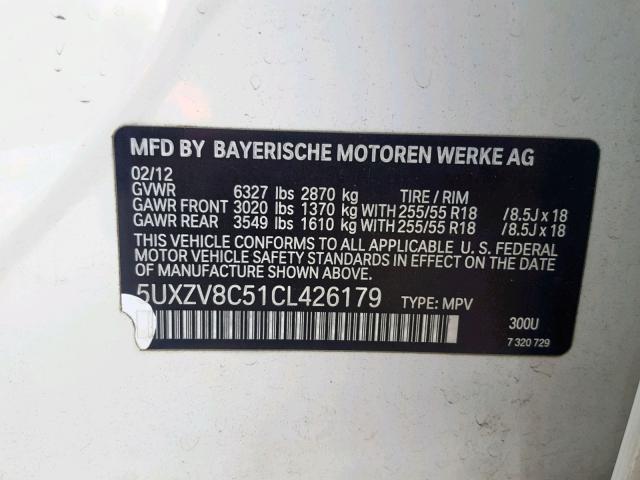 5UXZV8C51CL426179 - 2012 BMW X5 XDRIVE5 WHITE photo 10