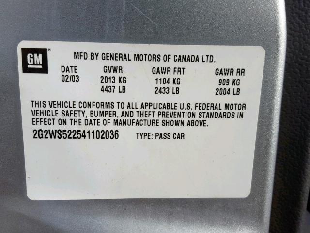 2G2WS522541102036 - 2004 PONTIAC GRAND PRIX GRAY photo 10