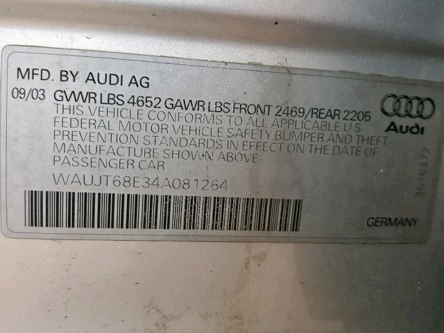 WAUJT68E34A081264 - 2004 AUDI A4 3.0 SILVER photo 10