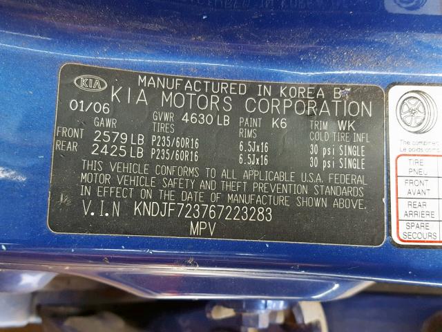 KNDJF723767223283 - 2006 KIA NEW SPORTA BLUE photo 10