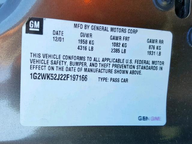 1G2WK52J22F197166 - 2002 PONTIAC GRAND PRIX GRAY photo 10