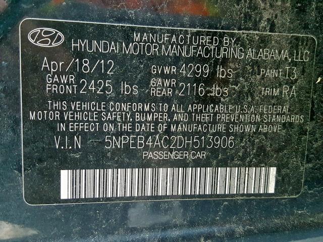 5NPEB4AC2DH513906 - 2013 HYUNDAI SONATA GLS BLACK photo 10