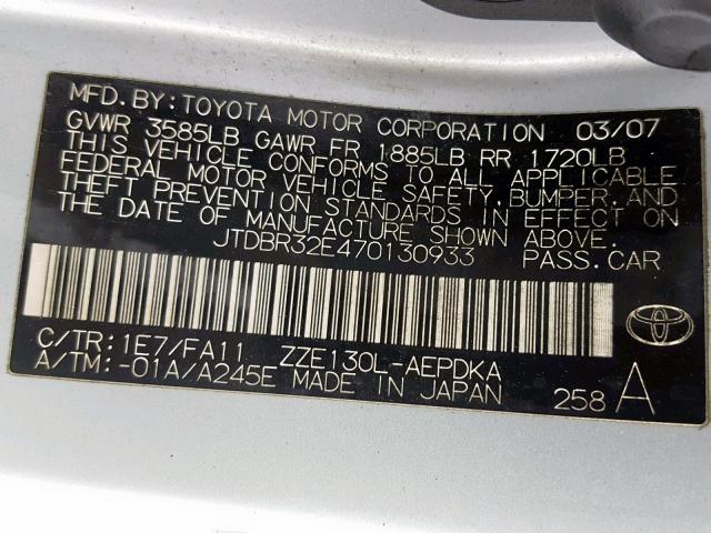 JTDBR32E470130933 - 2007 TOYOTA COROLLA CE 银色 照片 10
