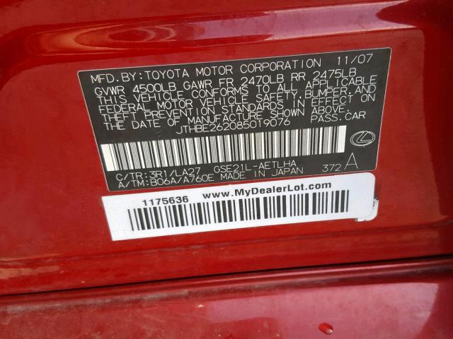 JTHBE262085019076 - 2008 LEXUS IS 350 RED photo 10