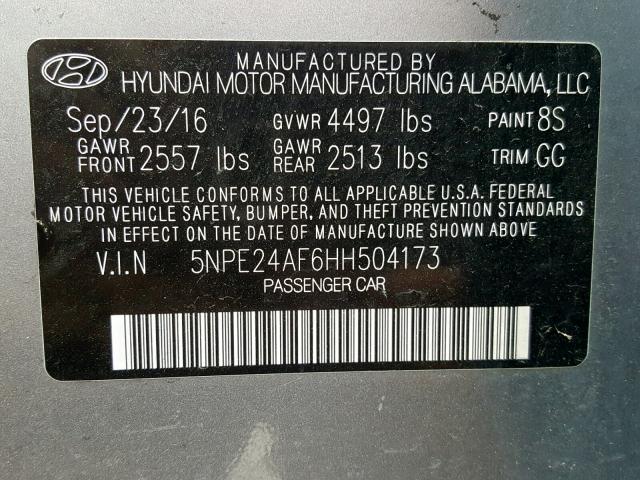 5NPE24AF6HH504173 - 2017 HYUNDAI SONATA SE 灰色 照片 10