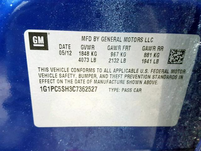 1G1PC5SH3C7362527 - 2012 CHEVROLET CRUZE LS BLUE photo 10