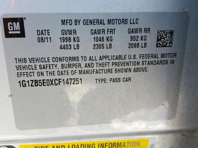 1G1ZB5E0XCF147251 - 2012 CHEVROLET MALIBU LS SILVER photo 10