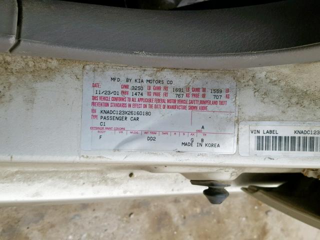 KNADC123X26160180 - 2002 KIA RIO SILVER photo 10