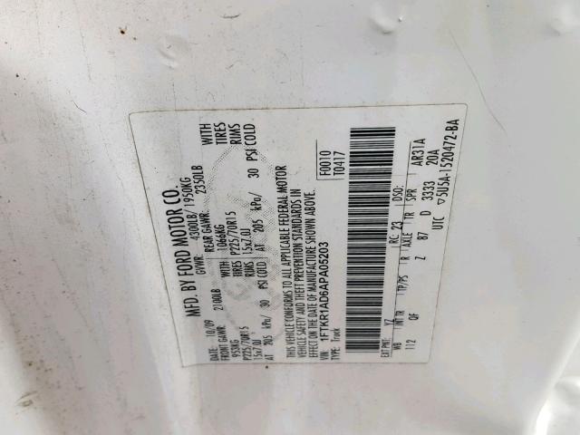 1FTKR1AD6APA05203 - 2010 FORD RANGER WHITE photo 10