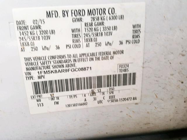 1FM5K8AR9FGC08871 - 2015 FORD EXPLORER P WHITE photo 10