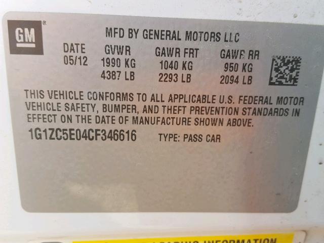 1G1ZC5E04CF346616 - 2012 CHEVROLET MALIBU 1LT თეთრი ფოტო 10