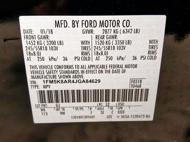 1FM5K8AR4JGA84629 - 2018 FORD EXPLORER P BLACK photo 10