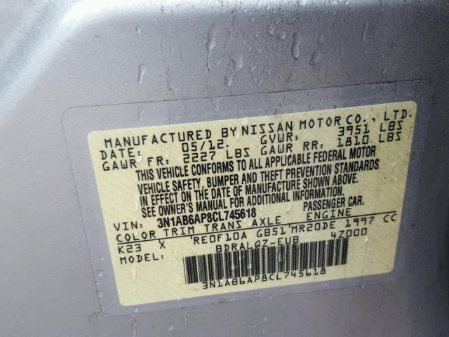 3N1AB6AP8CL745618 - 2012 NISSAN SENTRA 2.0 SILVER photo 10