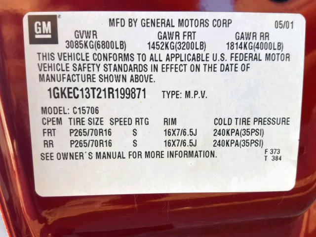 1GKEC13T21R199871 - 2001 GMC YUKON MAROON photo 10