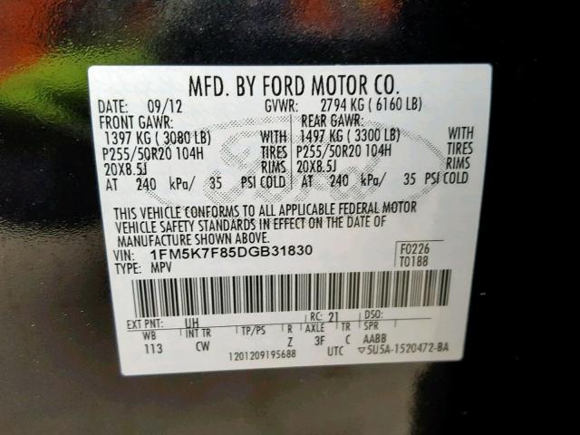 1FM5K7F85DGB31830 - 2013 FORD EXPLORER L BLACK photo 10