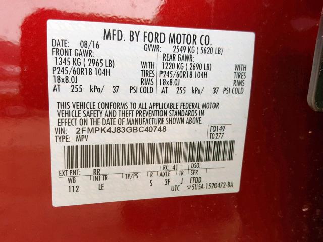 2FMPK4J83GBC40748 - 2016 FORD EDGE SEL RED photo 10