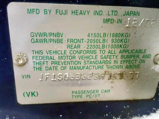 JF1SG63623H757677 - 2003 SUBARU FORESTER 2 BLUE photo 10