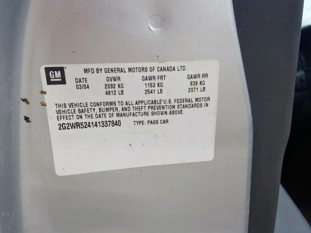 2G2WR524141337840 - 2004 PONTIAC GRAND PRIX SILVER photo 10