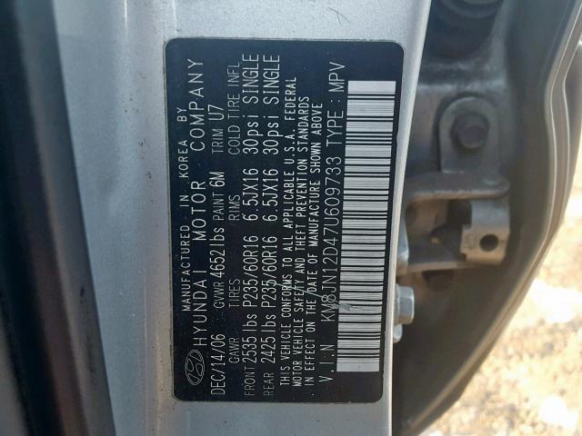 KM8JN12D47U609733 - 2007 HYUNDAI TUCSON SE SILVER photo 10