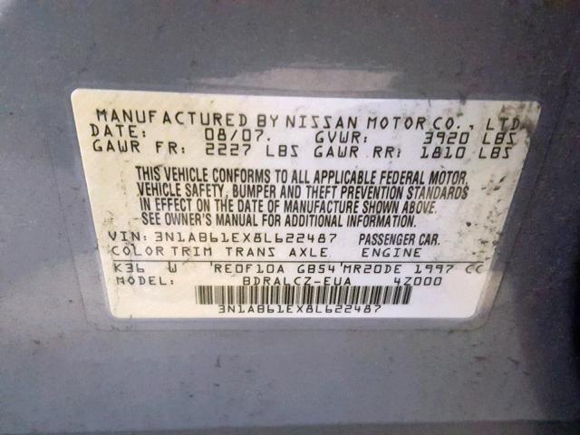 3N1AB61EX8L622487 - 2008 NISSAN SENTRA 2.0 GRAY photo 10