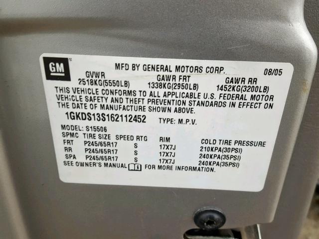 1GKDS13S162112452 - 2006 GMC ENVOY GRAY photo 10