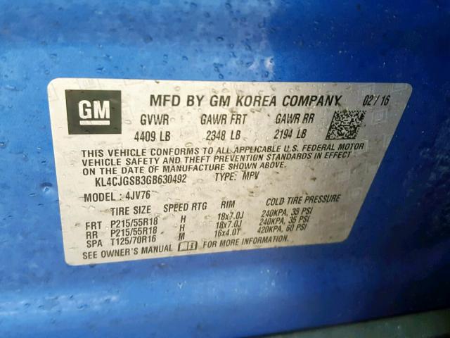 KL4CJGSB3GB630492 - 2016 BUICK ENCORE BLUE photo 10