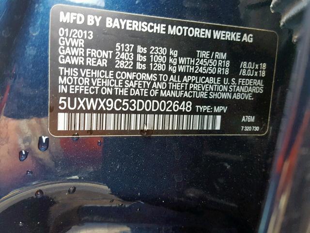 5UXWX9C53D0D02648 - 2013 BMW X3 XDRIVE2 BLUE photo 10