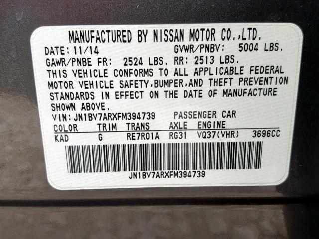 JN1BV7ARXFM394739 - 2015 INFINITI Q50 BASE CHARCOAL photo 10