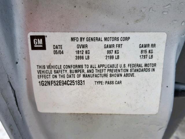 1G2NF52E94C251831 - 2004 PONTIAC GRAND AM S ვერცხლისფერი ფოტო 10