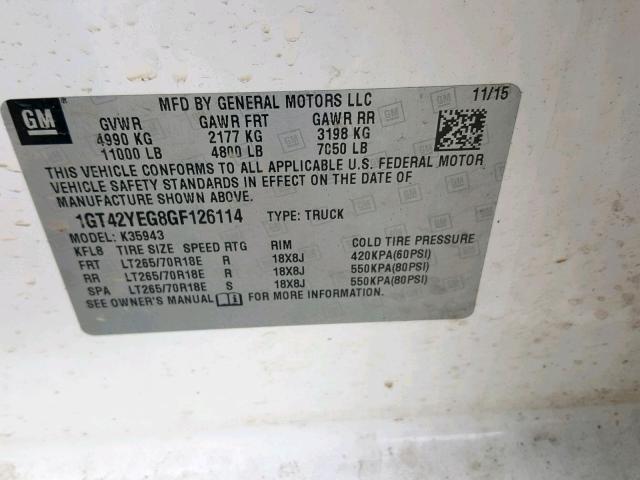 1GT42YEG8GF126114 - 2016 GMC SIERRA K35 WHITE photo 10