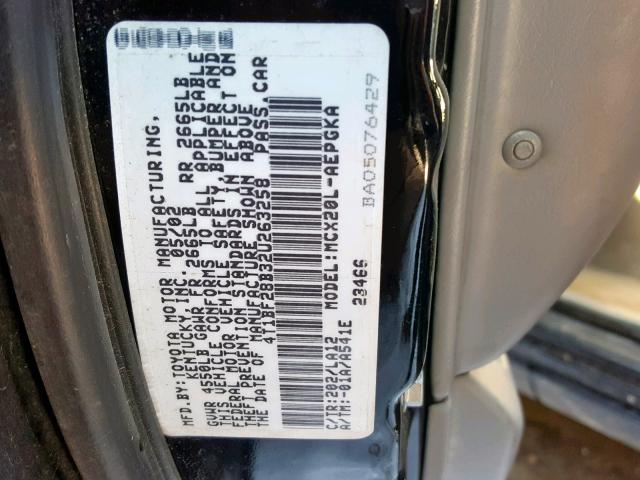 4T1BF28B32U263258 - 2002 TOYOTA AVALON XL BLACK photo 10