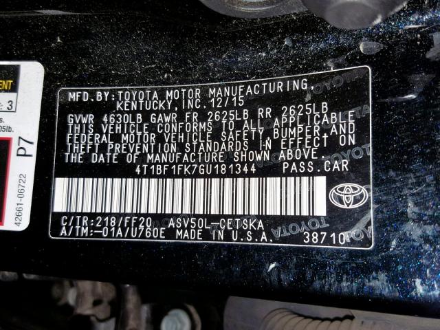 4T1BF1FK7GU181344 - 2016 TOYOTA CAMRY LE BLACK photo 10