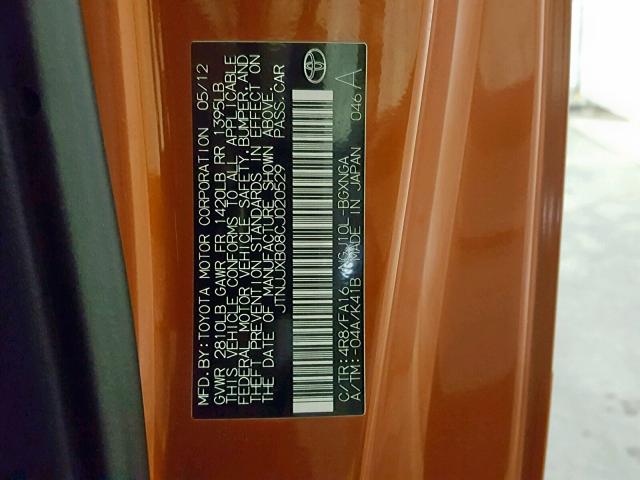 JTNJJXB08CJ020529 - 2012 TOYOTA SCION IQ ORANGE photo 10