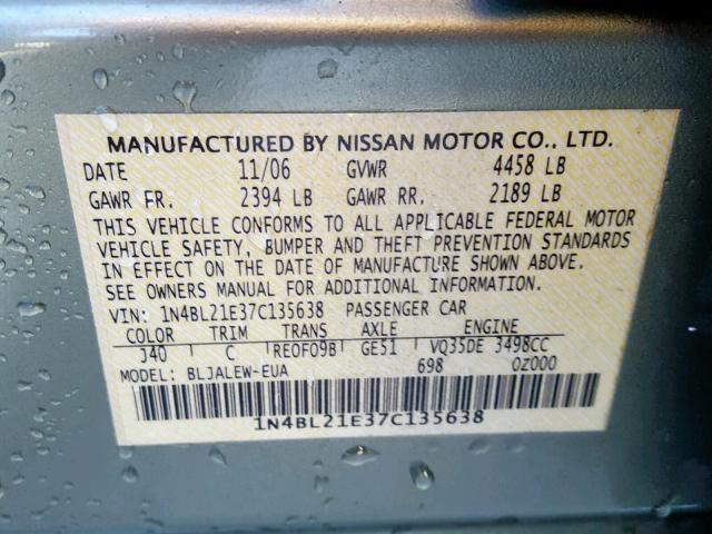 1N4BL21E37C135638 - 2007 NISSAN ALTIMA 3.5 GREEN photo 10