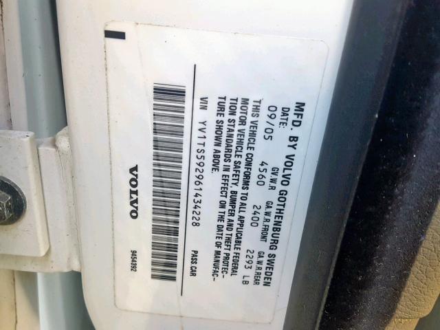 YV1TS592961434228 - 2006 VOLVO S80 2.5T WHITE photo 10