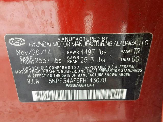 5NPE34AF6FH143070 - 2015 HYUNDAI SONATA SPO RED photo 10