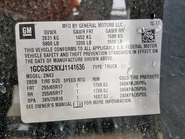 1GCGSCENXJ1141636 - 2018 CHEVROLET COLORADO L BLACK photo 10