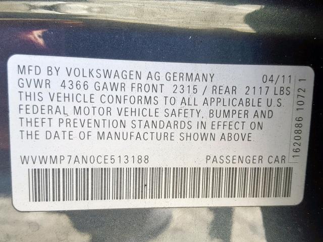 WVWMP7AN0CE513188 - 2012 VOLKSWAGEN CC SPORT Сұр фото 10