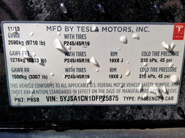 5YJSA1CN1DFP25875 - 2013 TESLA MODEL S BLACK photo 10