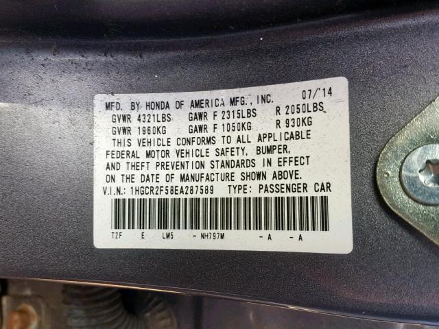 1HGCR2F58EA287589 - 2014 HONDA ACCORD SPO GRAY photo 10