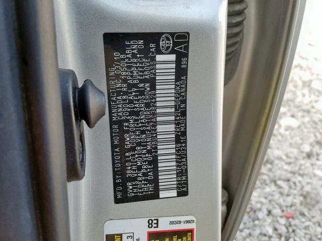 2T1BU4EE7AC382429 - 2010 TOYOTA COROLLA BA SILVER photo 10