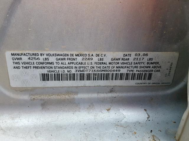 3VWDT71K66M800449 - 2006 VOLKSWAGEN JETTA TDI SILVER photo 10