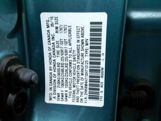 2HKRM4H71GH710123 - 2016 HONDA CR-V EXL BLUE photo 10