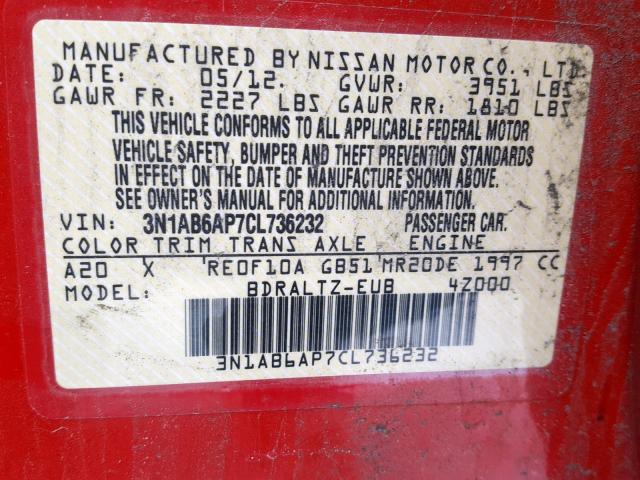 3N1AB6AP7CL736232 - 2012 NISSAN SENTRA 2.0 RED photo 10